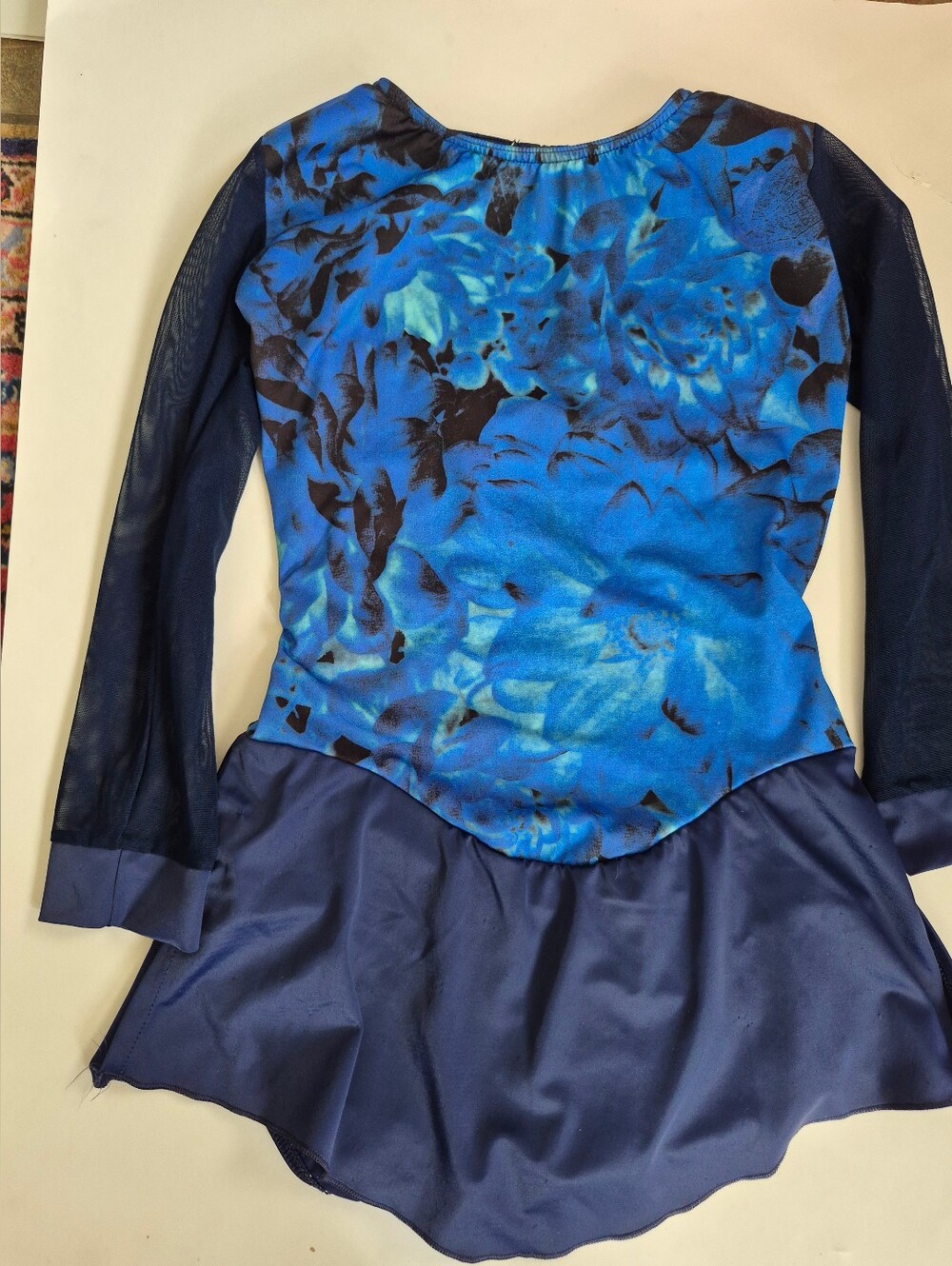 Navy Blue Floral Figure Skating Dress with Mesh Sleeves Capezio Adult Medium